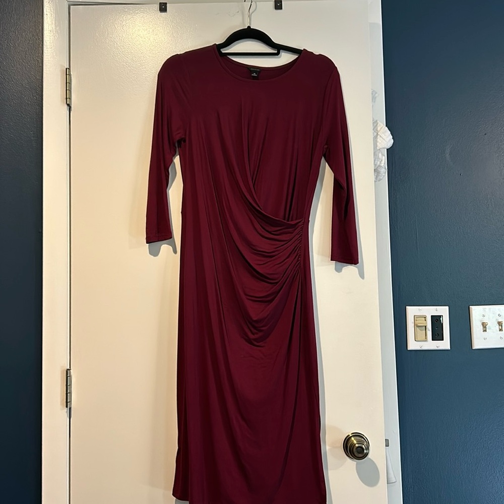 Burgundy body skimming ruched dress